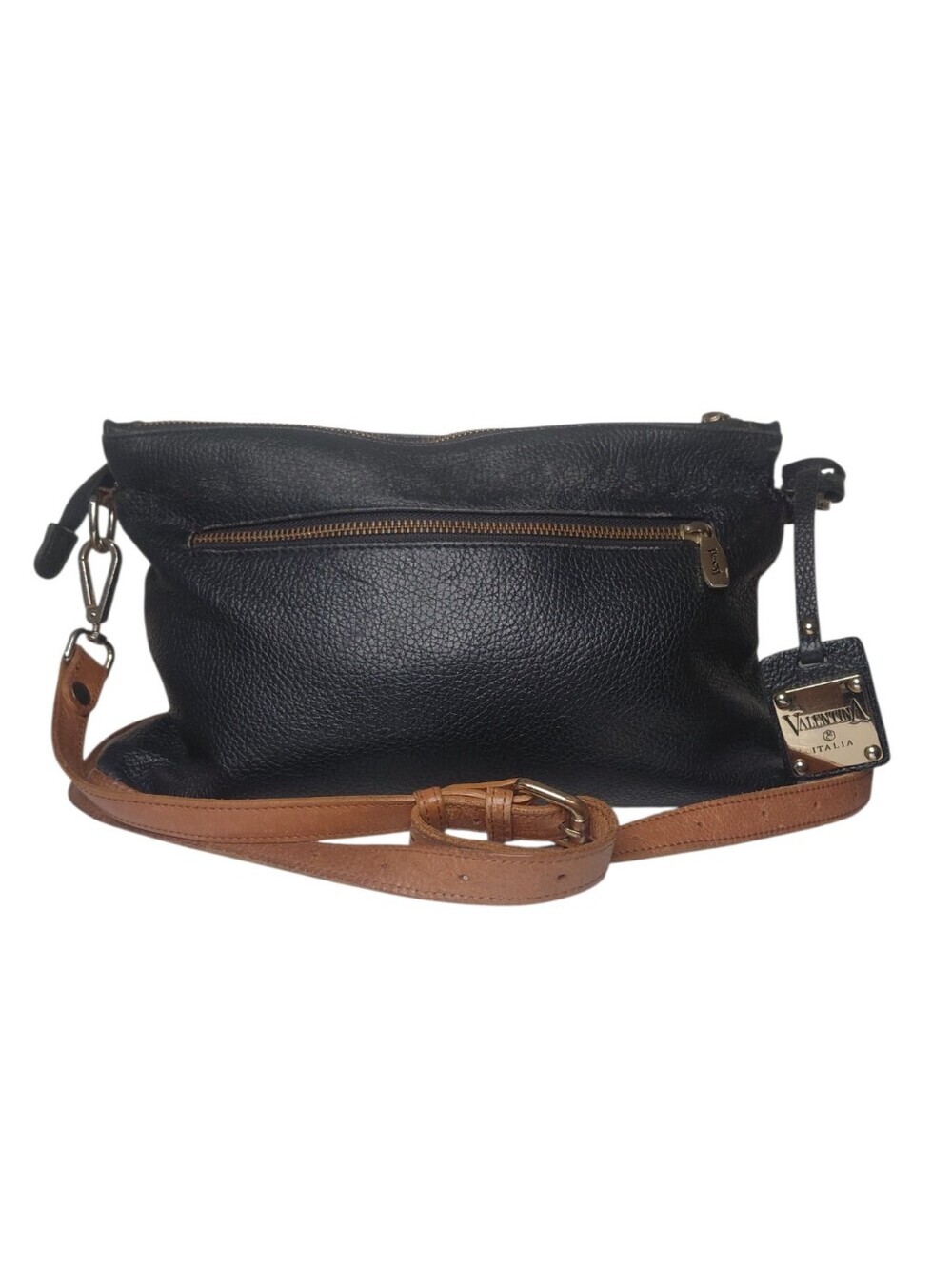 Valentina Black Leather Crossbody with Tan Strap and Gold Hardware